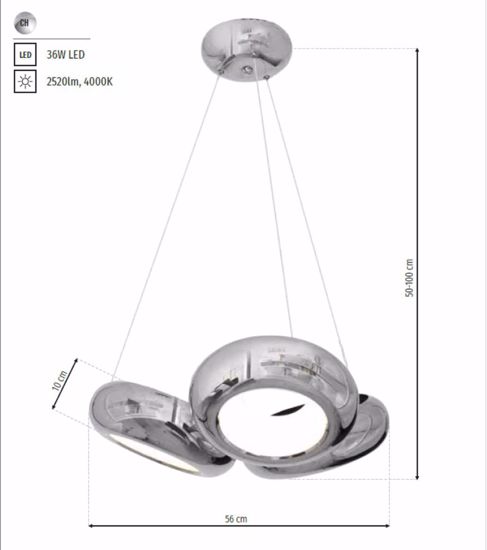 Lampadario moderno cromo anelli led 36w 4000k per soggiorno