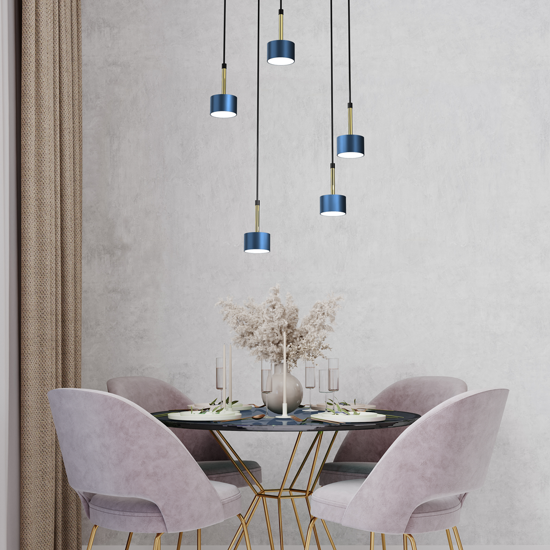 Lampadario moderno blu oro 5 luci pendenti per tavolo soggiorno