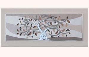 Quadro decorativo albero della vita beige foglia argento 155x65 per soggiorno