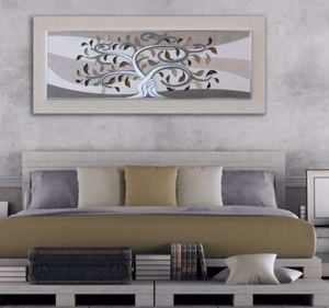 Quadro decorativo albero della vita beige foglia argento 155x65 per soggiorno