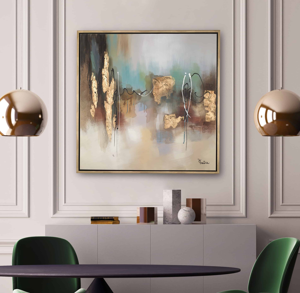 Quadro astratto moderno oro 100x100 dipinto su tela per soggiorno
