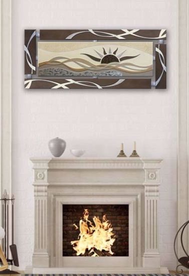 Quadro astratto decorativo materico sole foglia argento per soggiorno 150x65