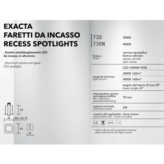 Isyluce exacta faretto da incasso bianco led 2w 3000k per controsoffitto