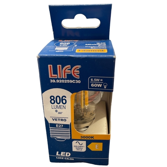 Life lampadina e27 led 6,5w 3000k 806lm sfera trasparente