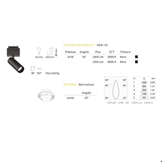 Arca track ideal lux faretto led orientabile 48v per binario 14w 3000k monofase ottica 36