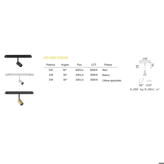 Ego track faretto led 3w 30000k osram nero orientabile per binario monofase 48v ideal lux