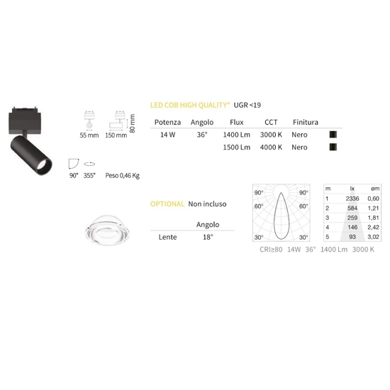 Ideal lux arca track faretto nero led 48v 14w 4000k per binario monofase orientabile ottica 36