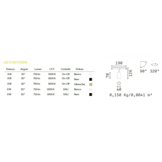 Ideal lux faretto led 8w bianco orientabile magnetico osram per binario monofase 48v