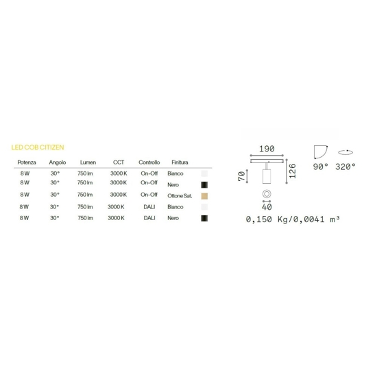 Faretto led 8w 3000k dimmerabile orientabile nero per binario monofase 48v