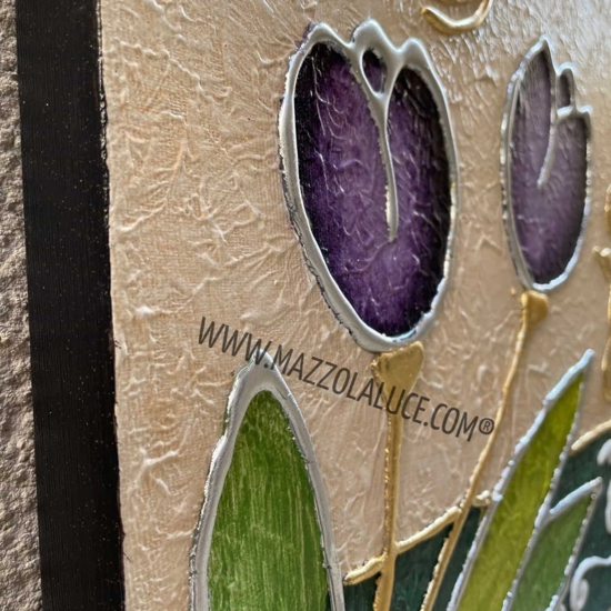 Quadretto moderno tulipani 35x35 viola dipinti a mano a rilievo