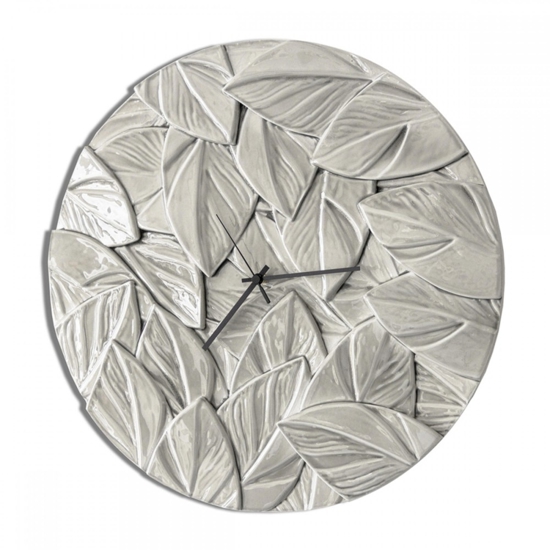 Orologio da parete rotondo foglie di ceramica grigio perla lucido