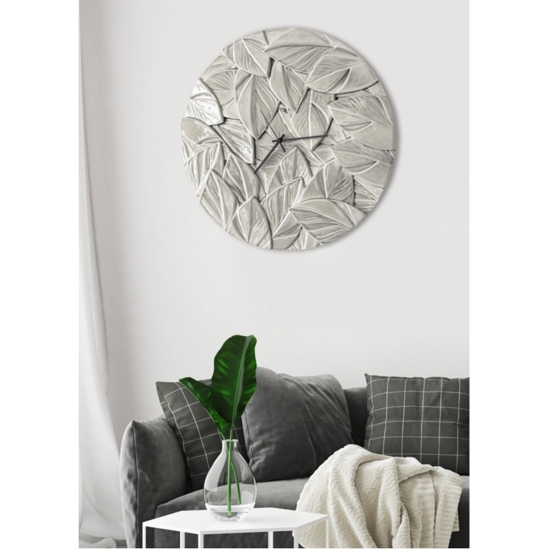 Orologio da parete rotondo foglie di ceramica grigio perla lucido