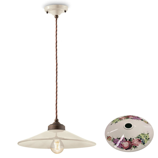 Ferroluce lampadario da cucina rustica ceramica bianca decorazione floreale