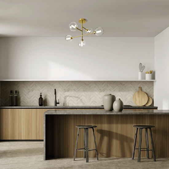 Plafoniera sospesa minimale dom miloox 5 luci oro ottone per soggiorno