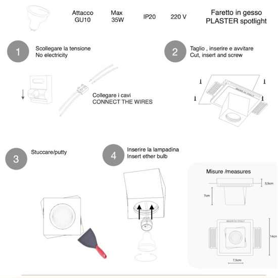 Faretto in gesso quadrato da incasso a soffitto sporgente Faretto in gesso quadrato da incasso a soffitto sporgente