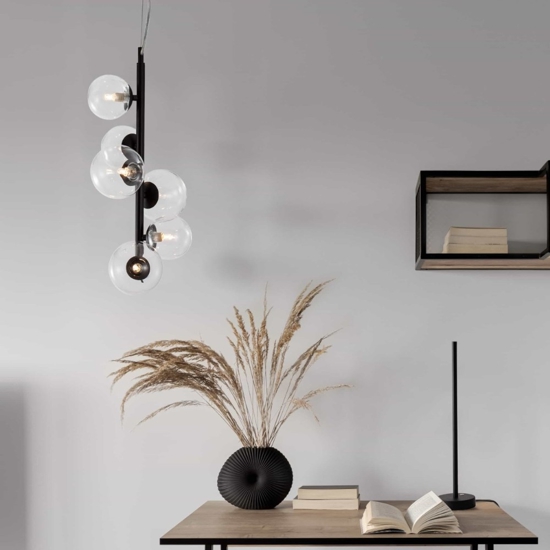 Lampadario verticale moderno nero sfere vetro per soggiorno