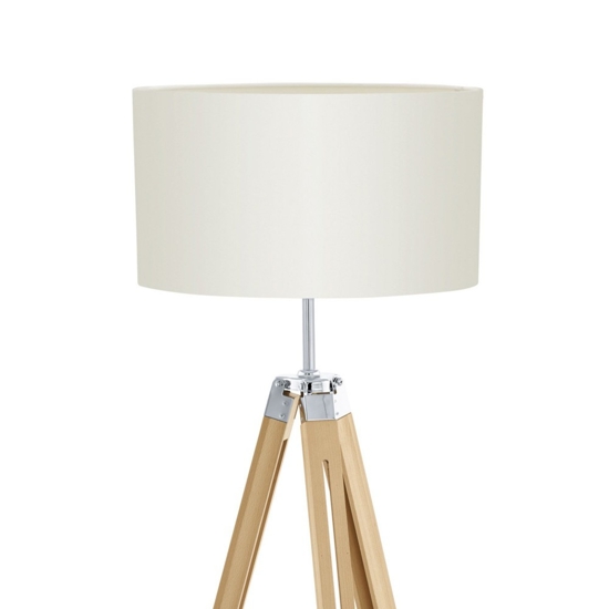 Piantana in legno tre piedi paralume tessuto beige