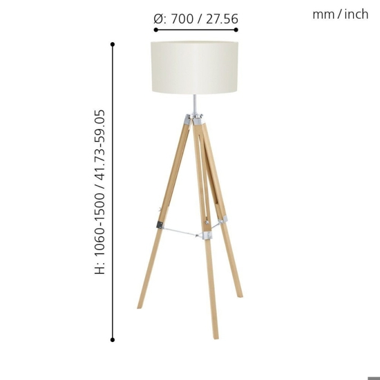 Piantana in legno tre piedi paralume tessuto beige