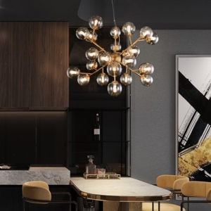 Lampadario moderno oro per soggiorno vetri sfere ambra trasparente 24 luci