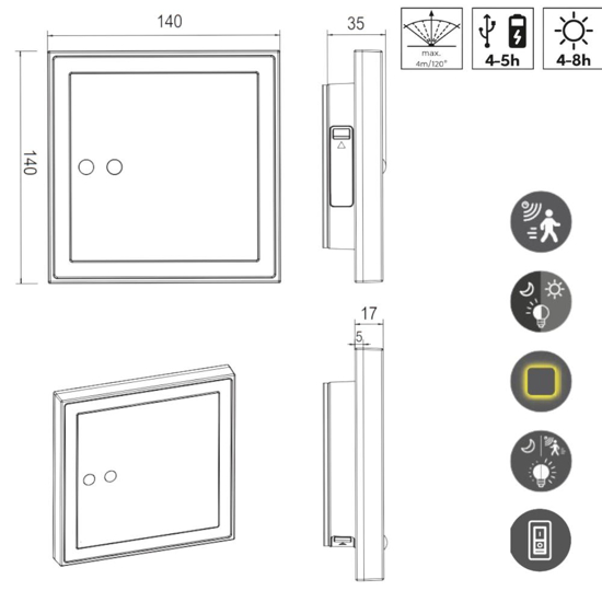 Applique quadrata da esterno led 2w sensore di movimento