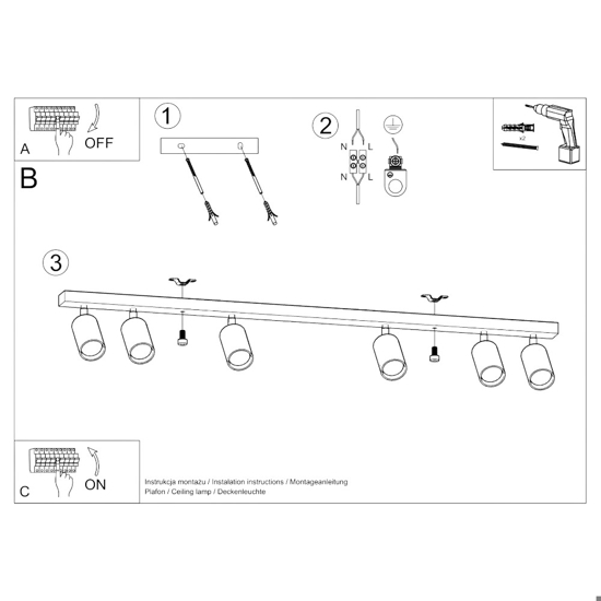 Plafoniera di legno 120cm con 6 faretti orientabili