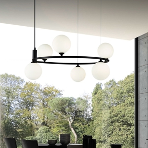 Maytoni lampadario per cucina moderna nero sfere vetro bianco