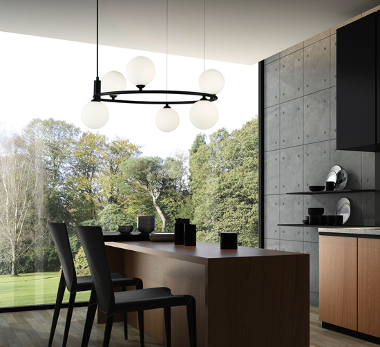 Maytoni lampadario per cucina moderna ring nero sfere vetro bianco