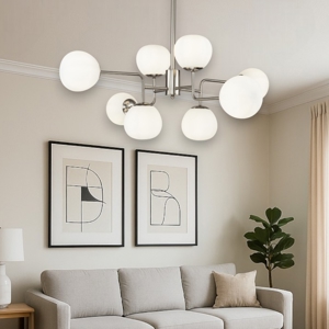 Lampadario per soggiorno moderno 8 luci sfere vetro bianco struttura nichel maytoni