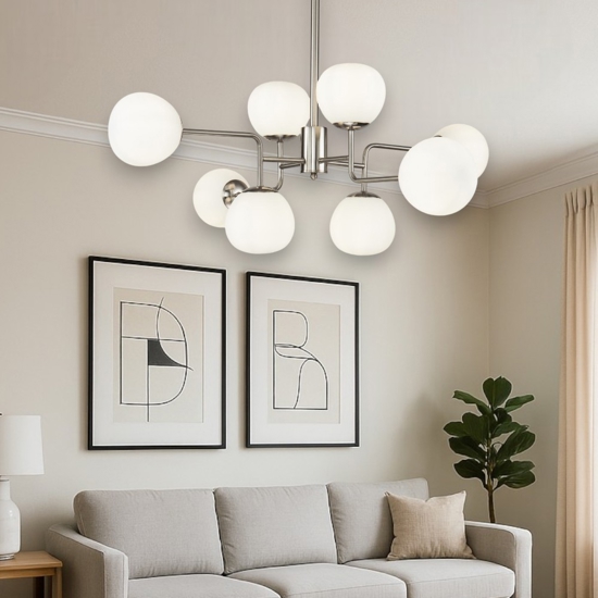 Lampadario erich per moderno 8 luci nichel sfere vetro bianco maytoni