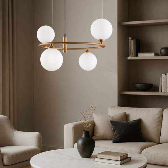 Lampadario ring moderno oro per salotto sfere vetro bianco maytoni