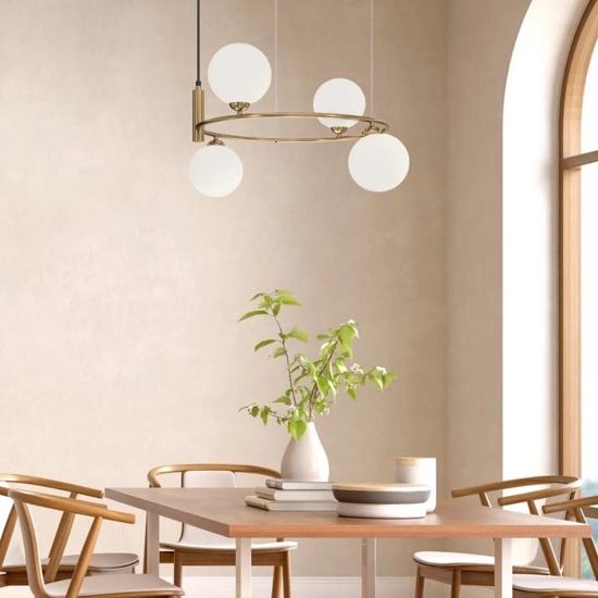 Lampadario ring moderno oro per salotto sfere vetro bianco maytoni