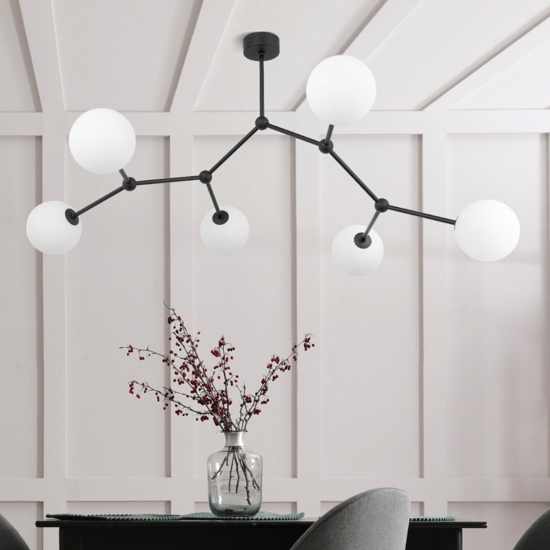 Plafoniera moderna per salotto nero 6 bocce bianche
