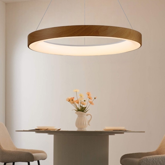 Lampadario moderno cerchio effetto legno led 45w 2700k-5000k con telecomando app
