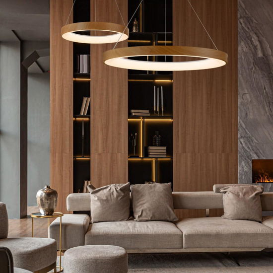 Lampadario moderno cerchio effetto legno led 45w 2700k-5000k con telecomando app