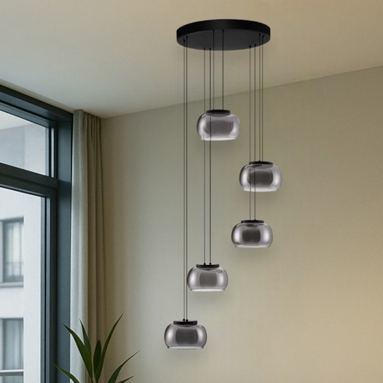 Lampadario led nero per soggiorno vetri fume moderno