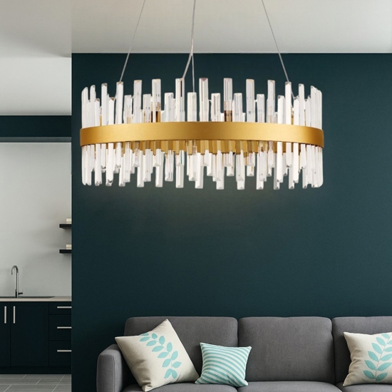 Lampadario per salotto cerchio oro satinato con cristalli