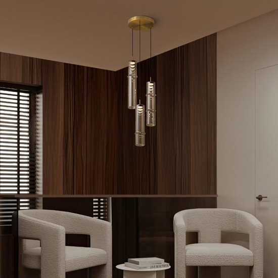 Lampadario per soggiorno moderno vetri ambra led 9w 3000k
