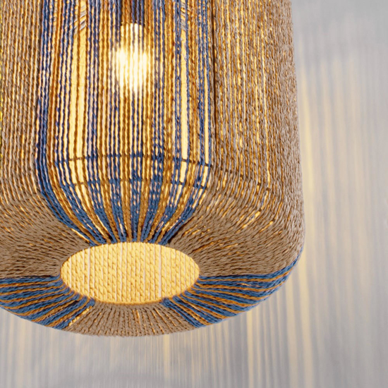 Lampadario per isola penisola cucina corda naturale dettagli blu
