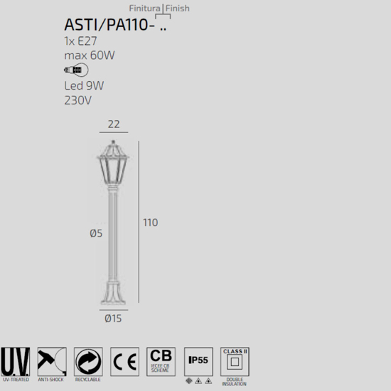 Lampione alto da giardino top light asti bianco ip55