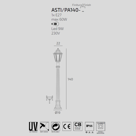 Lampione alto da giardino top light asti nero anti corrosione