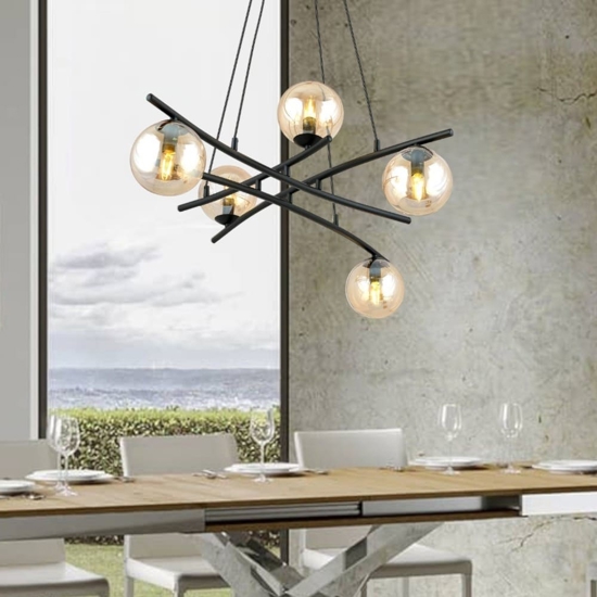 Lampadario moderno nero per soggiorno vetri ambra fp