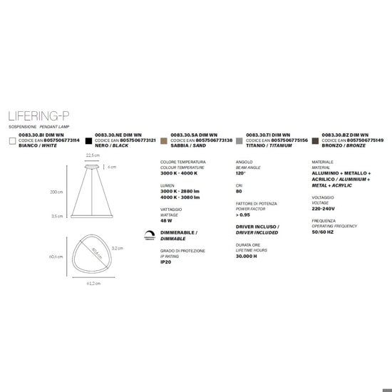 Lampadario moderno titanio rotondo led 48w 3000k 4000k dimmerabile vivida lifering