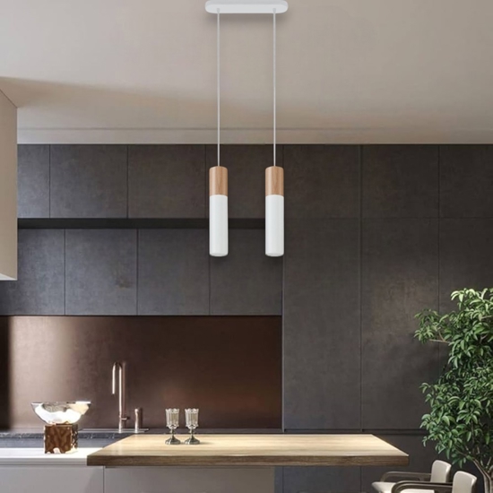 Lampadario 2 luci per isola cucina bianco legno