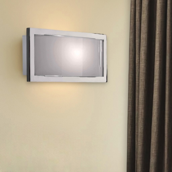 Applique moderna in vetro bianco lucido cornice metallo cromato