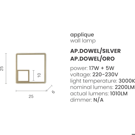 Applique led 3000k ondaluce ap dowel oro quadrata design moderna