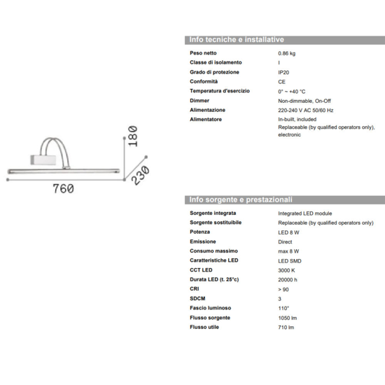 Applique da bagno brunito bow ap d76 ideal lux led 8w 3000k