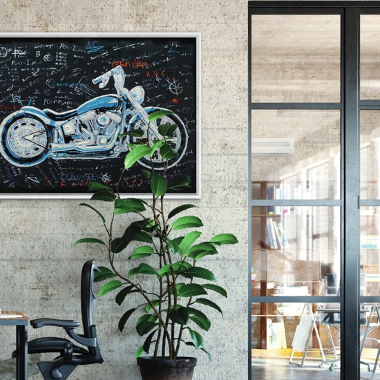 Quadro dipinto moto custom per salotto 90x120 blu