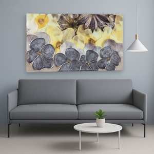 Quadro moderno su tela 140x70 fiori argento giallo