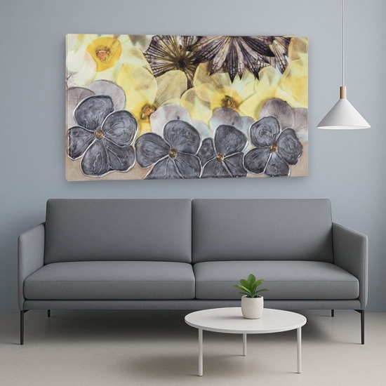 Quadro moderno su tela 140x70 fiori argento giallo