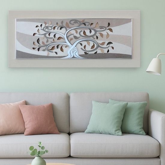 Quadro moderno albero della vita beige argento 155x65 per soggiorno